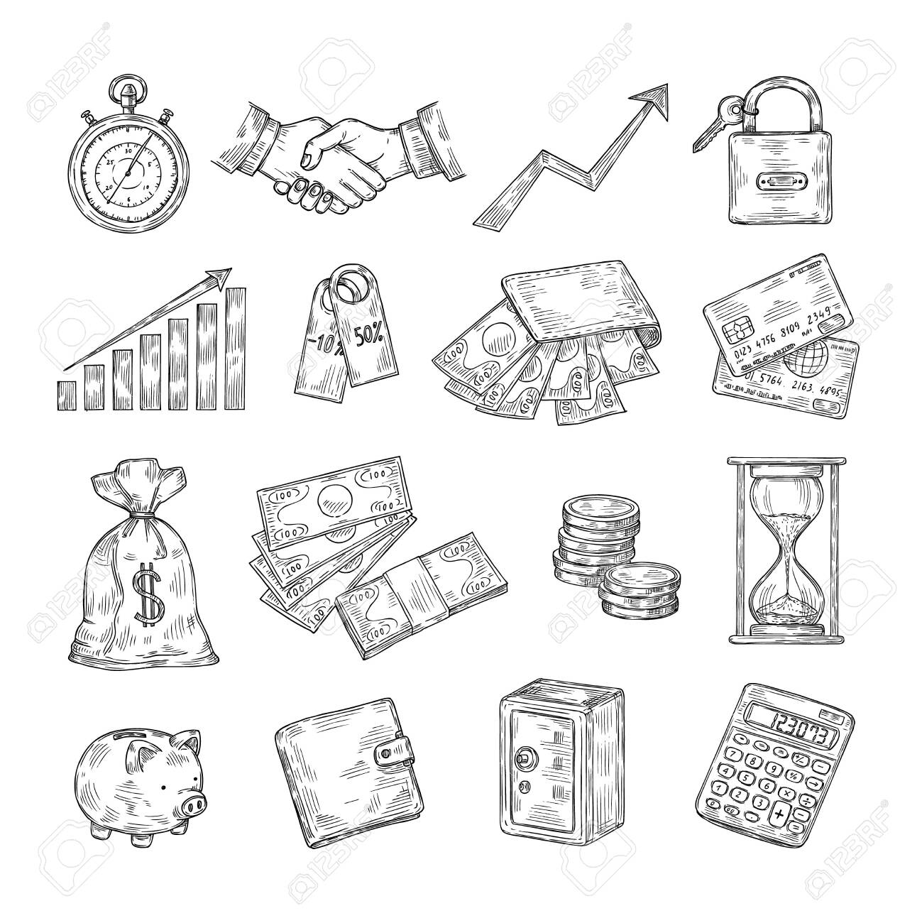 Sketch Money Hand Drawn Coin Pile Piggy Bank Credit Cards Safe - 